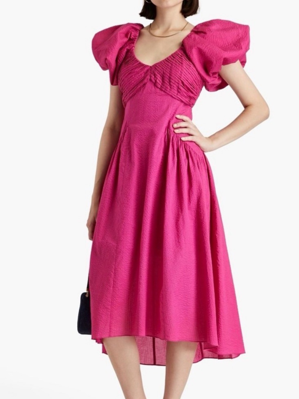 Frame Denim Fuchsia Puff-Sleeve High-Low Midi Dress